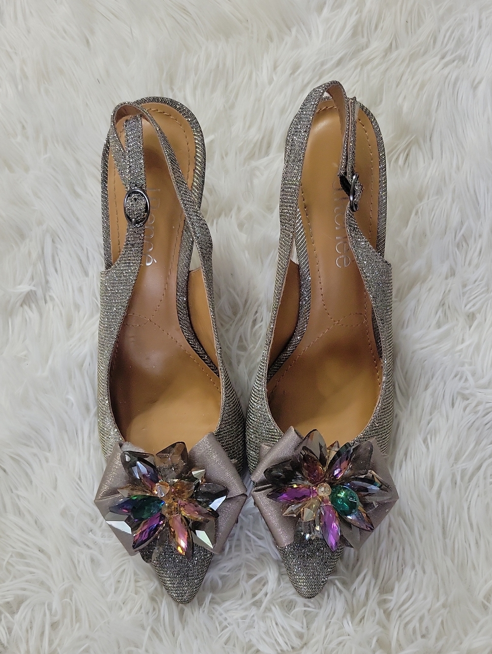 J.Renee Silver Slingback Heels with Multicolor Gem Flower